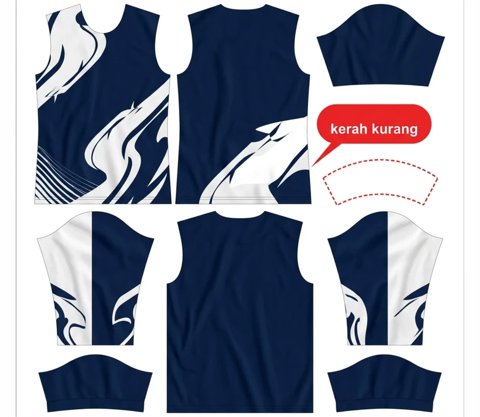 Potongan pola jersey lengkap kecuali kerah, yang tempatnya ditandai garis putus-putus merah